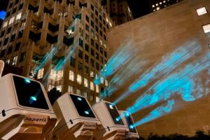 Outdoor video projection in San Francisco with PROIETTA enclosure for video projector