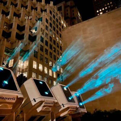 Outdoor video projection in San Francisco with PROIETTA enclosure for video projector